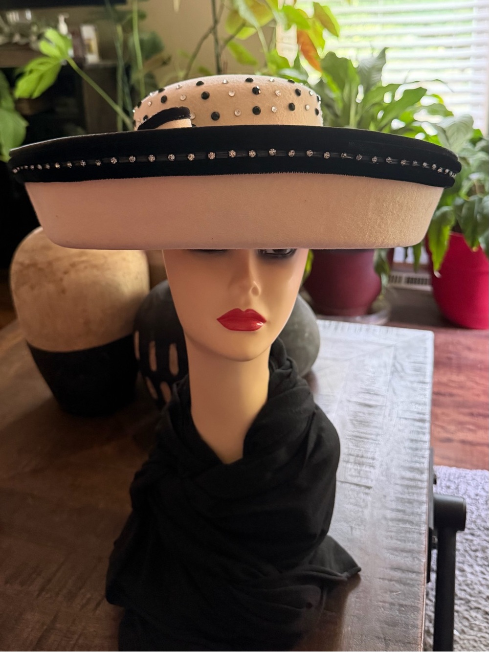 EUC Tim Crawford Ivory Black Rhinestone Church Hat Wide Brim Designer Millinery